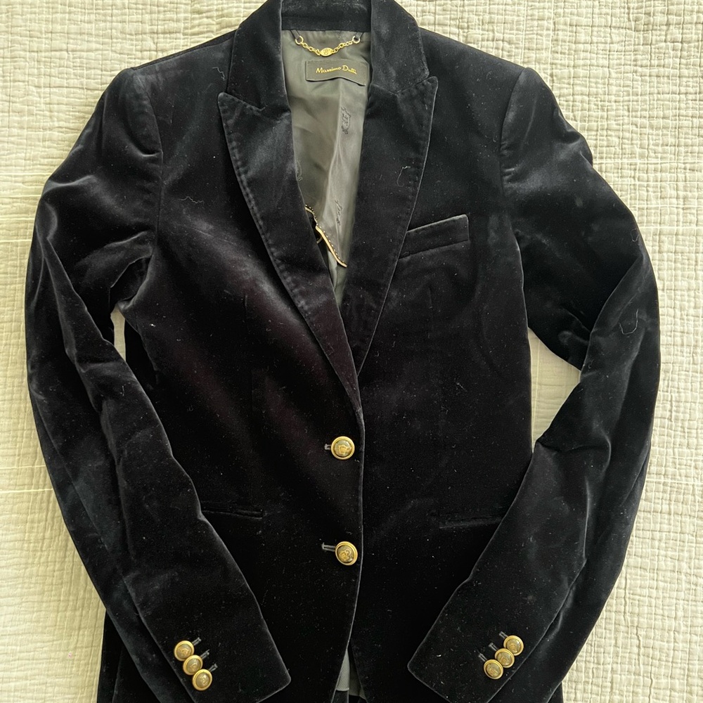 Massimo Dutti Navy Velvet Blazer with Gold Chain Detail